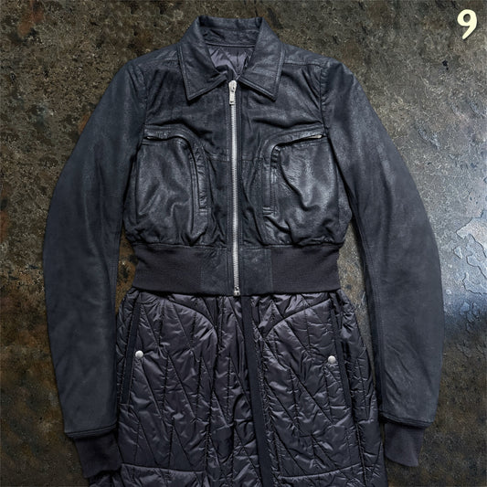 Rick Owens Larry coat, closer front view of the zip fastening and quilted panels