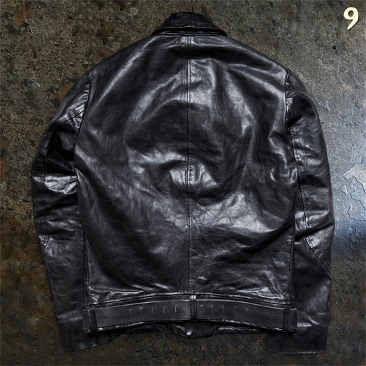 Daniele Basta Metal black horse leather jacket back view with leather hem band and silver staples