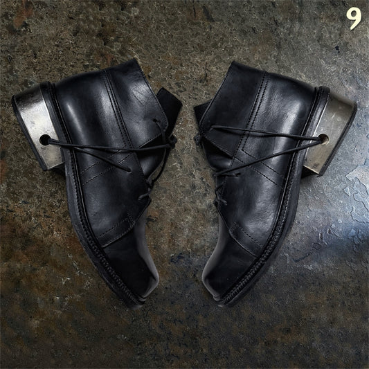 Dirk Bikkembergs FW96 black leather metal lace-through heel boots EU 43 angled view