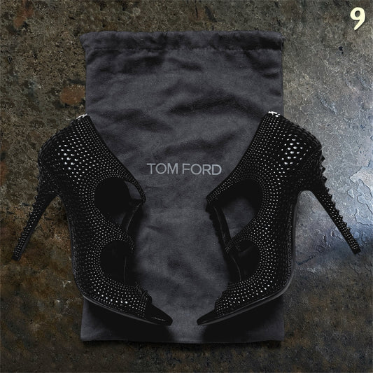 Tom Ford black studded high heels rear angle on dust bag