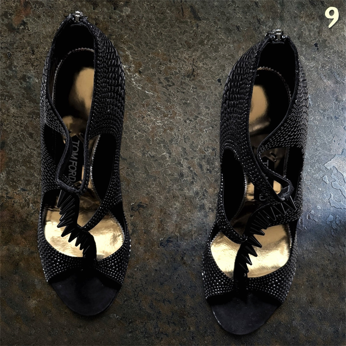 Tom Ford black studded high heels rear view with original dust bag