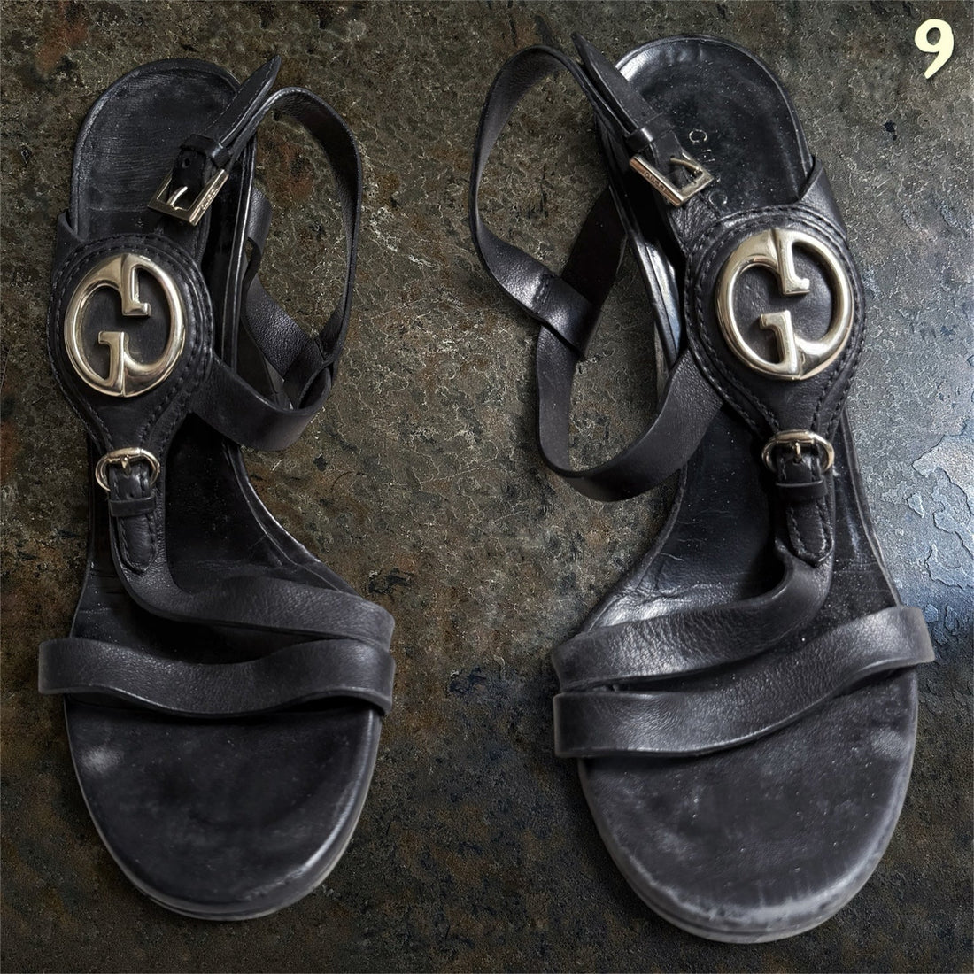 Gucci by Tom Ford black leather GG strappy heels, front view