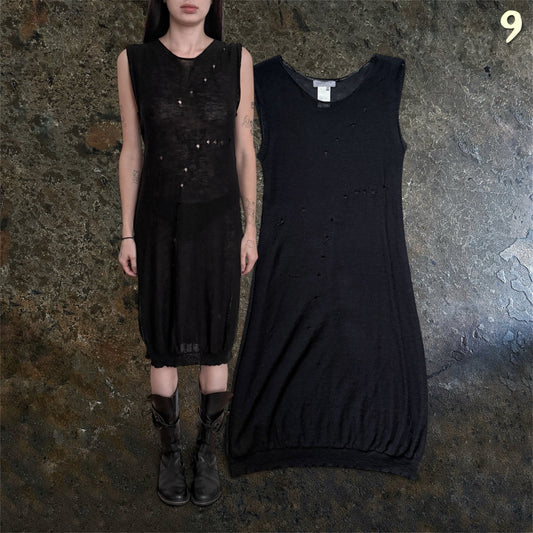 Yohji Yamamoto black sleeveless knit dress, worn and flat front view