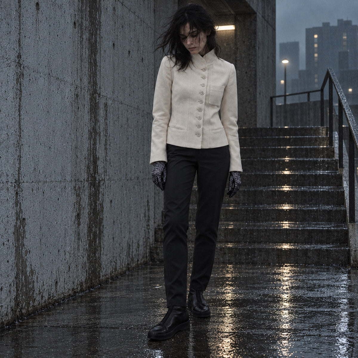 Women — ivory fencing jacket, black trousers, patterned gloves and black ankle boots in a rain-darkened brutalist stairwell