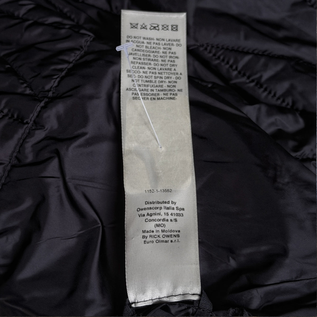 Rick Owens Larry coat, care label and manufacturer information