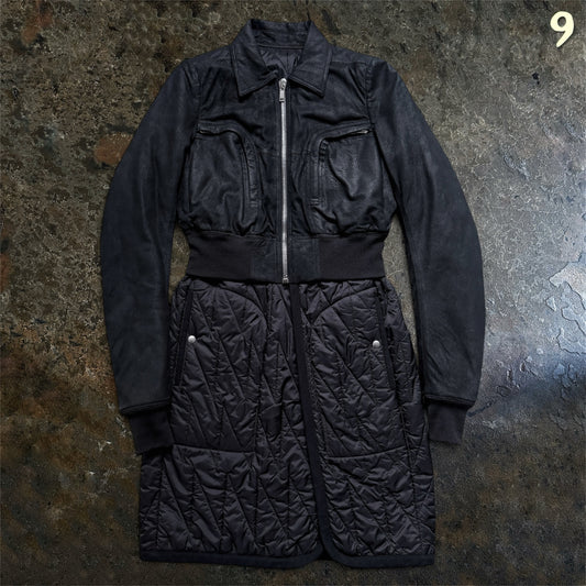 Rick Owens Larry black coat, full front view with zipped upper and quilted lower panels