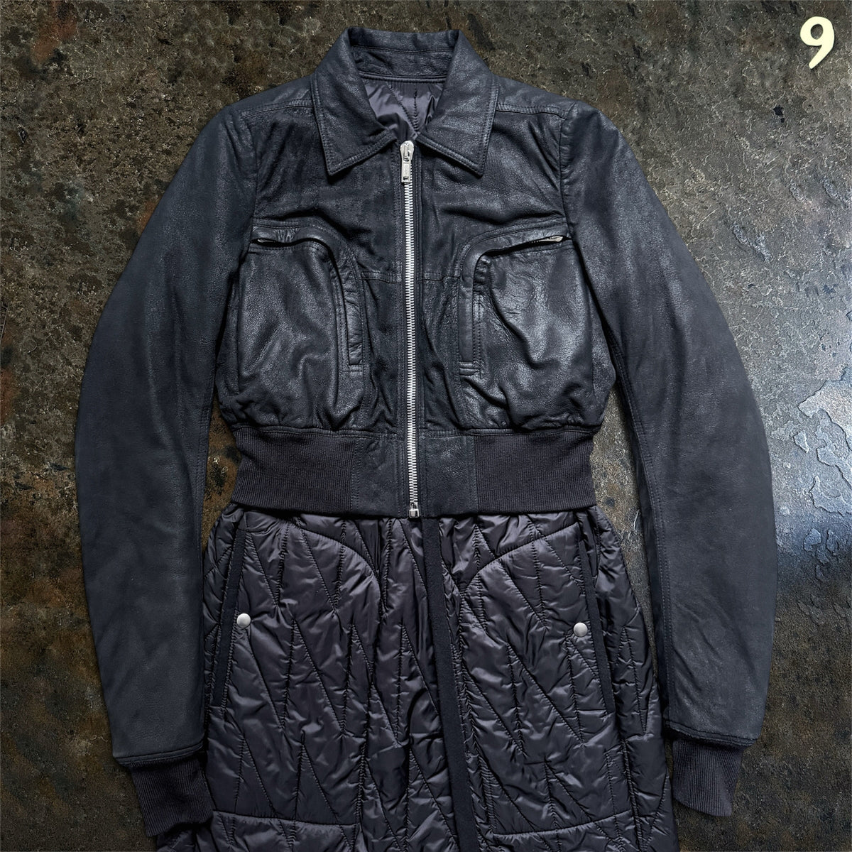 Rick Owens Larry coat, closer front view of the zip fastening and quilted panels