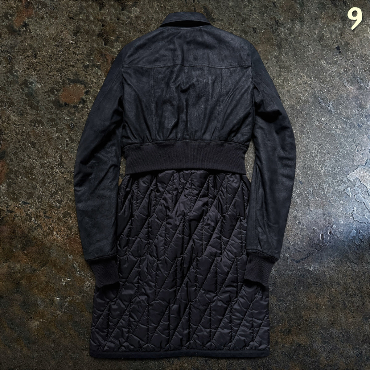 Rick Owens Larry coat, full back view with ribbed waist and quilted lower section
