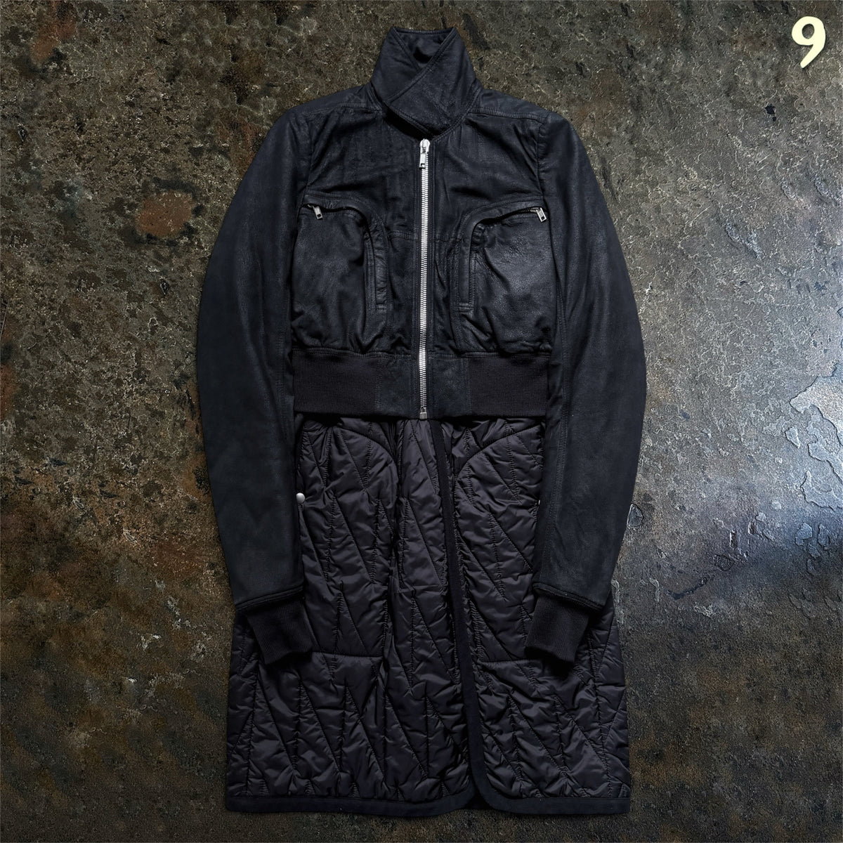 Rick Owens Larry coat, front view with the collar raised