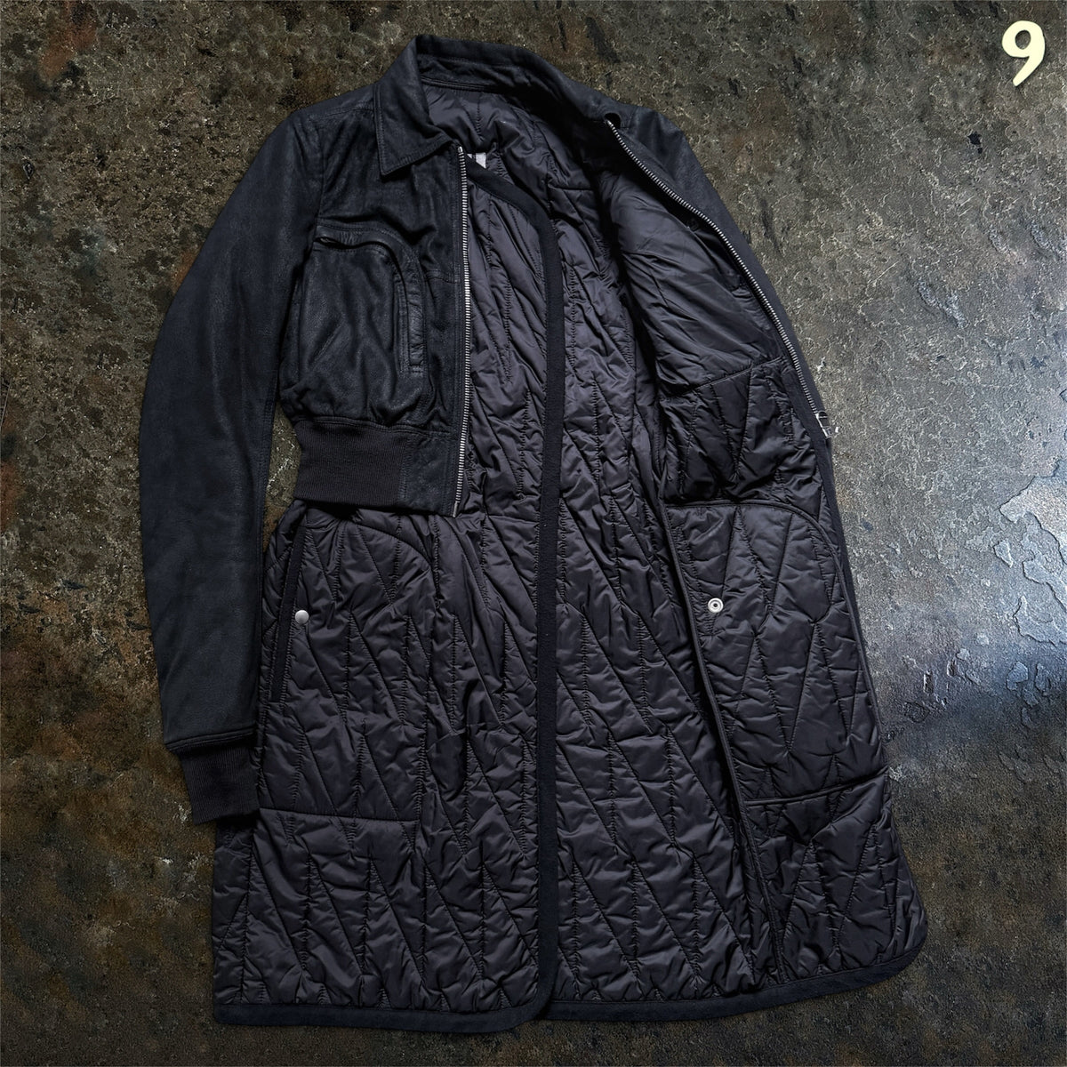 Rick Owens Larry coat, partially open front showing the quilted interior