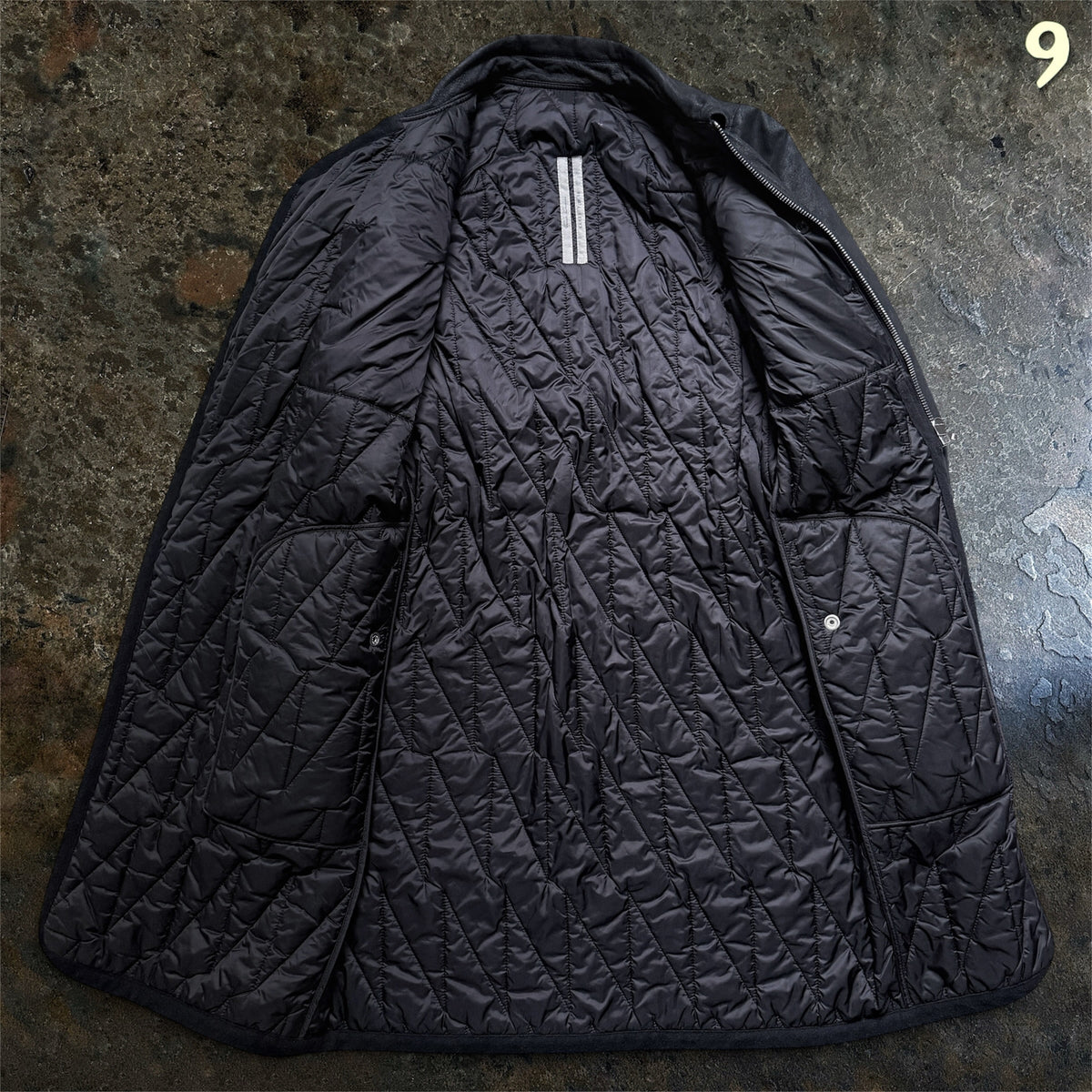 Rick Owens Larry coat, fully open view of the quilted lining and inside pockets