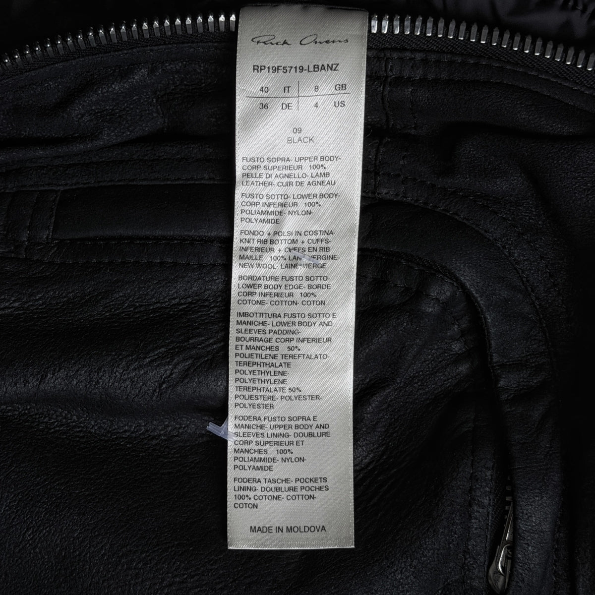 Rick Owens Larry coat, size and composition label with product code RP19F5719-LBANZ
