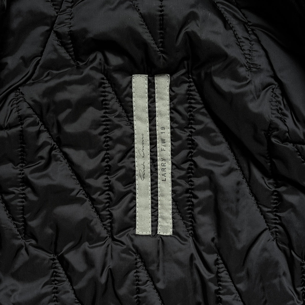 Rick Owens Larry coat, interior Larry F/W 19 label on the quilted lining