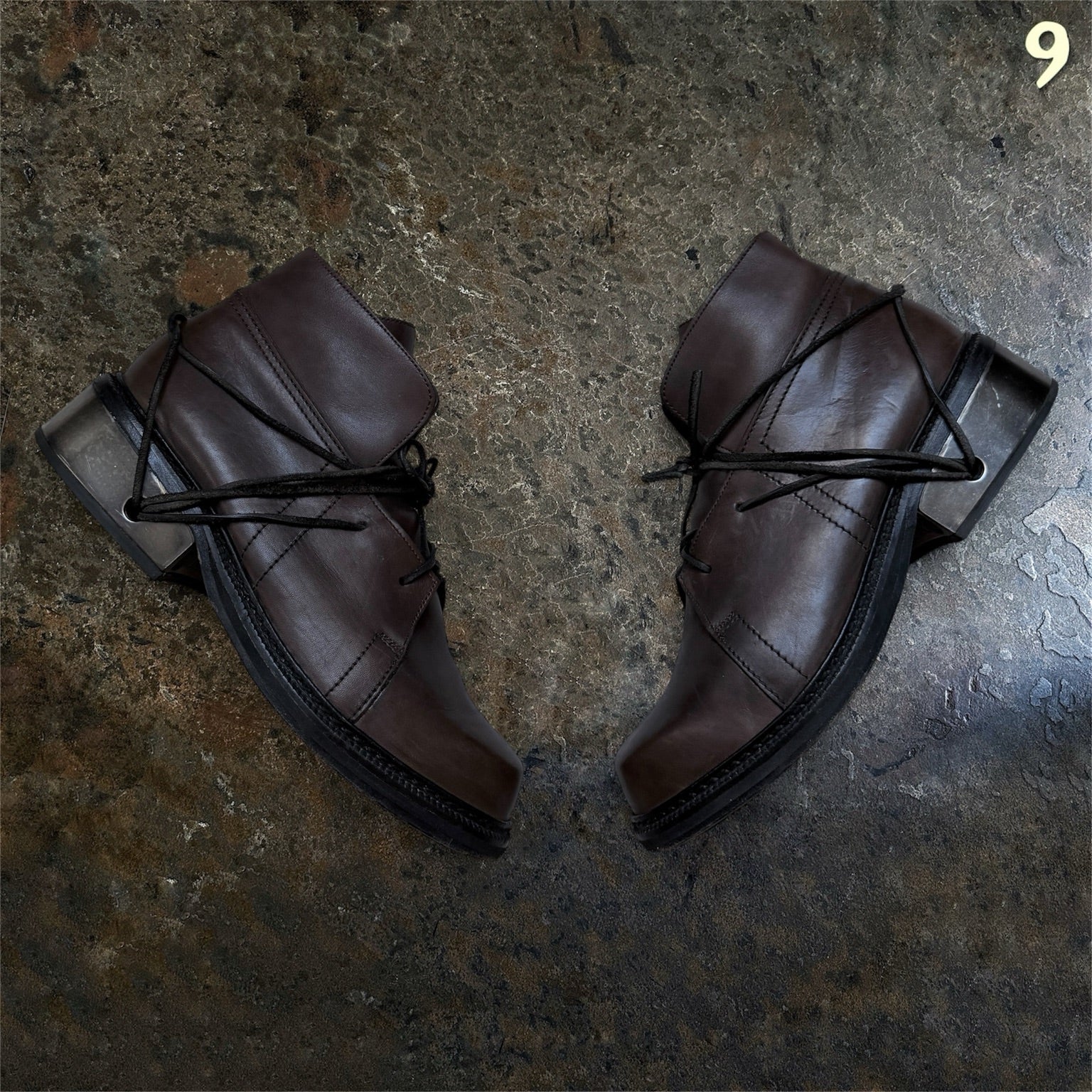 Dirk Bikkembergs Homme 1996 brown metal lace-through heel boots EU 45 side view