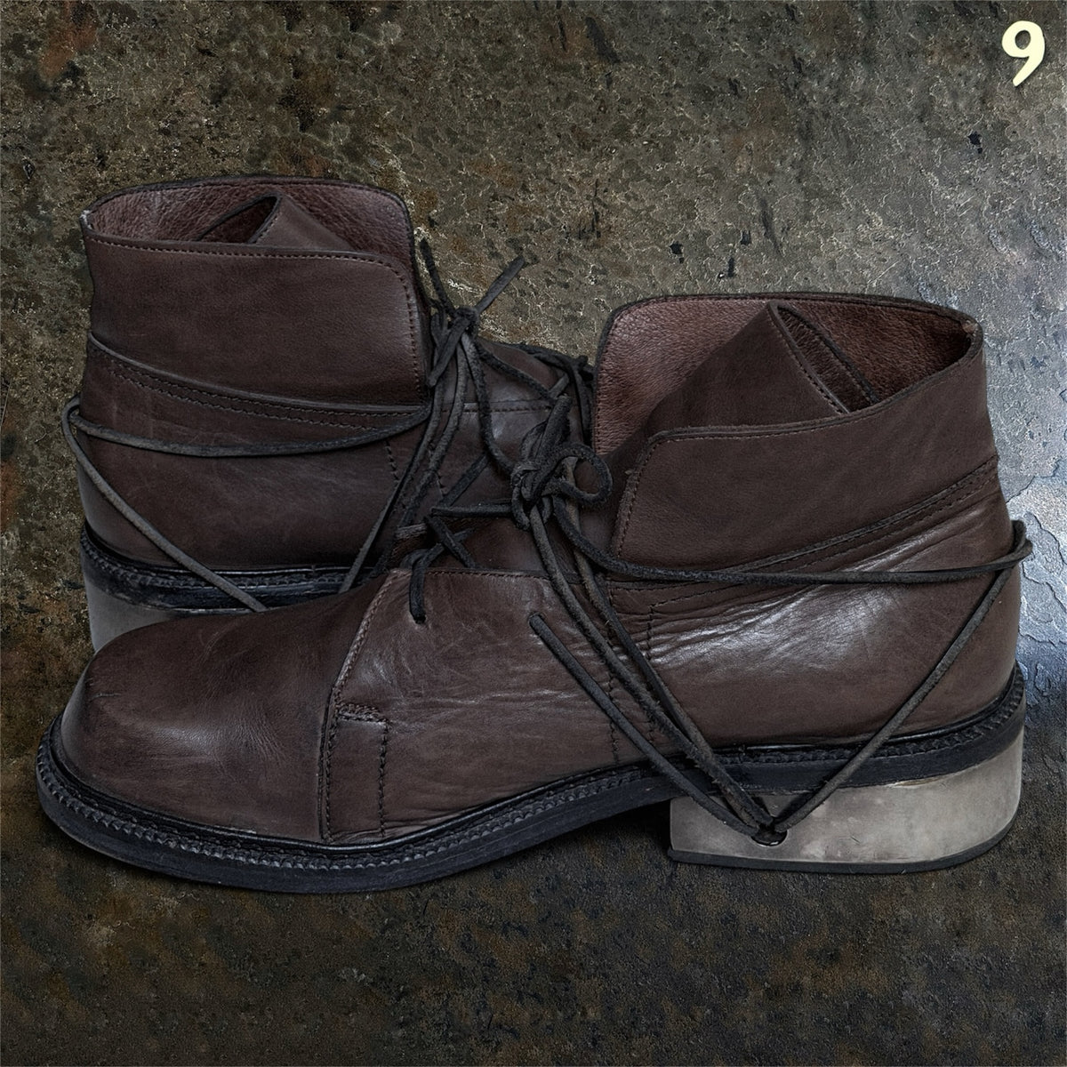Dirk Bikkembergs Homme 1996 brown leather metal lace heel boots EU 45 side view