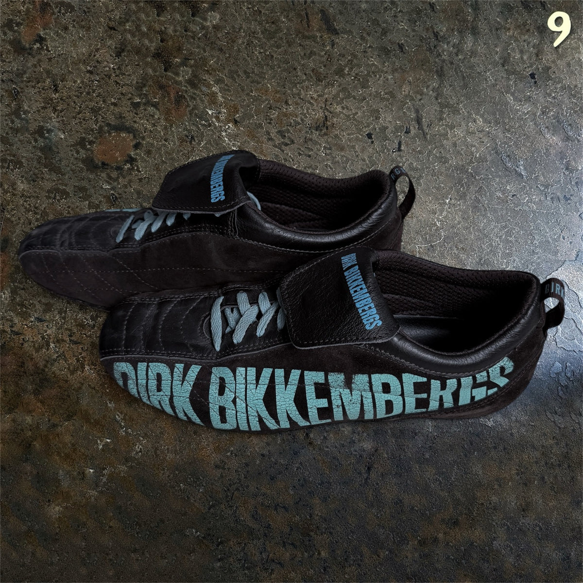 Dirk Bikkembergs football cleat sneakers brown turquoise size 41 side view with oversized branding