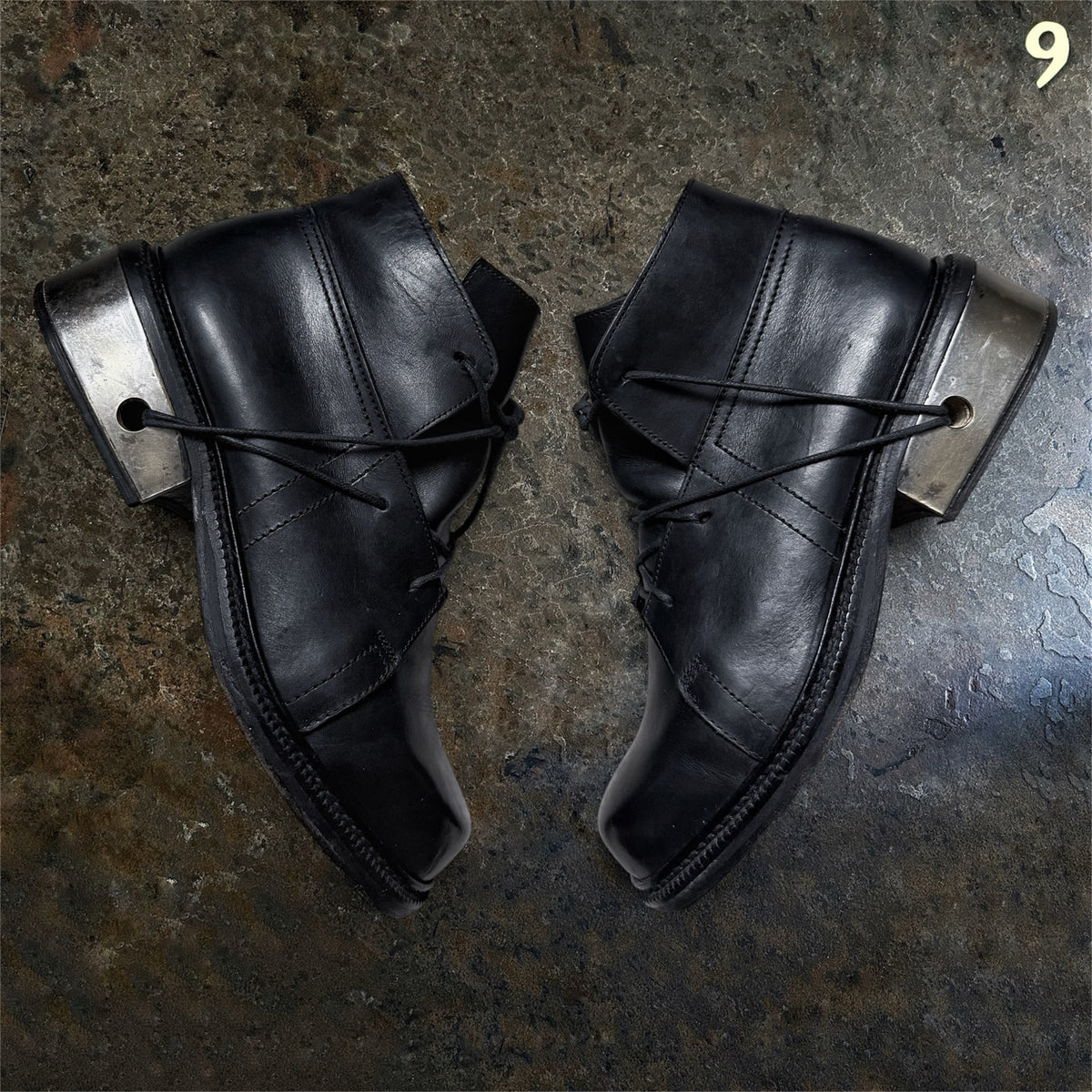 Dirk Bikkembergs FW96 black leather metal lace-through heel boots EU 43 angled view