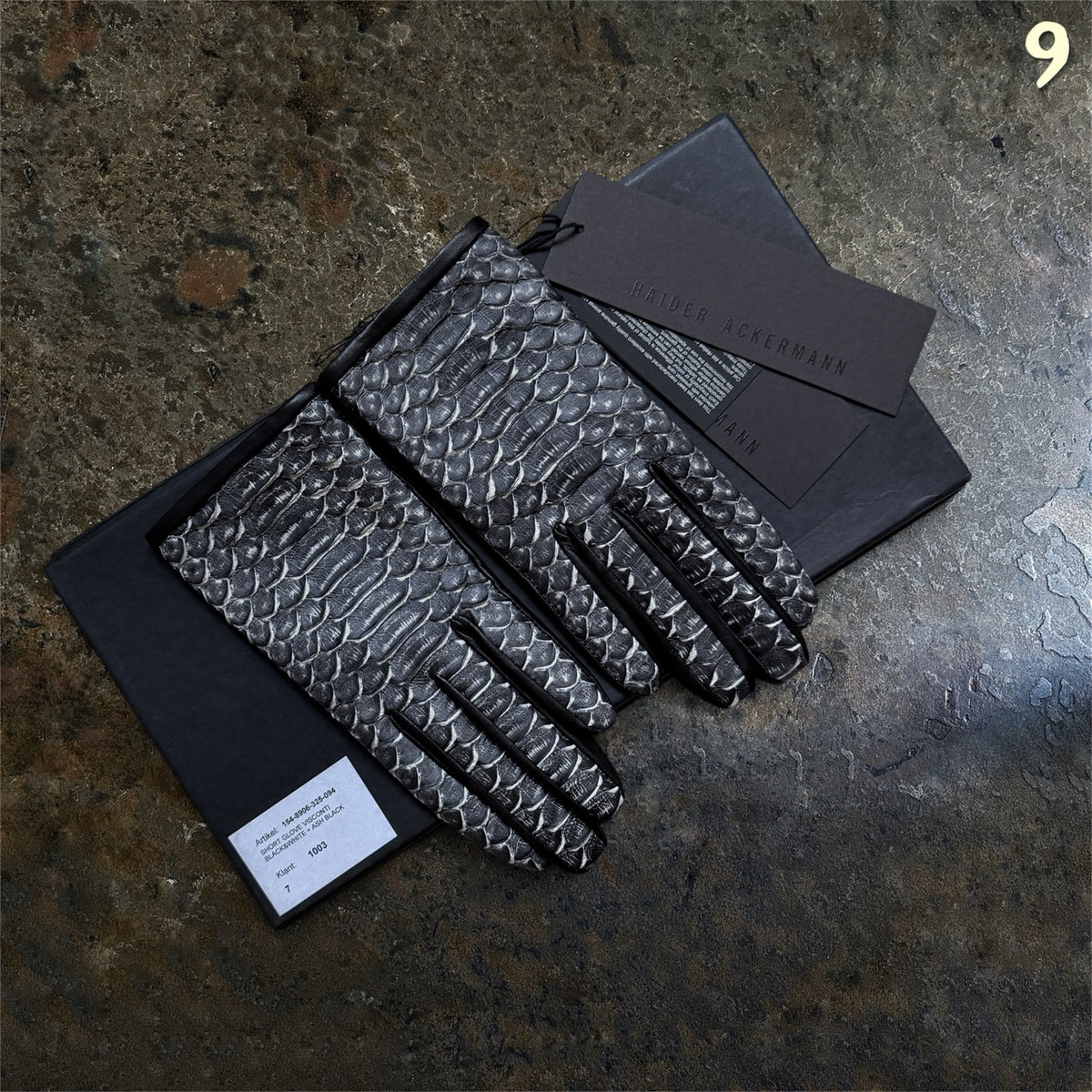 Haider Ackermann Python leather gloves black white ash black size 7 with box and tags front view