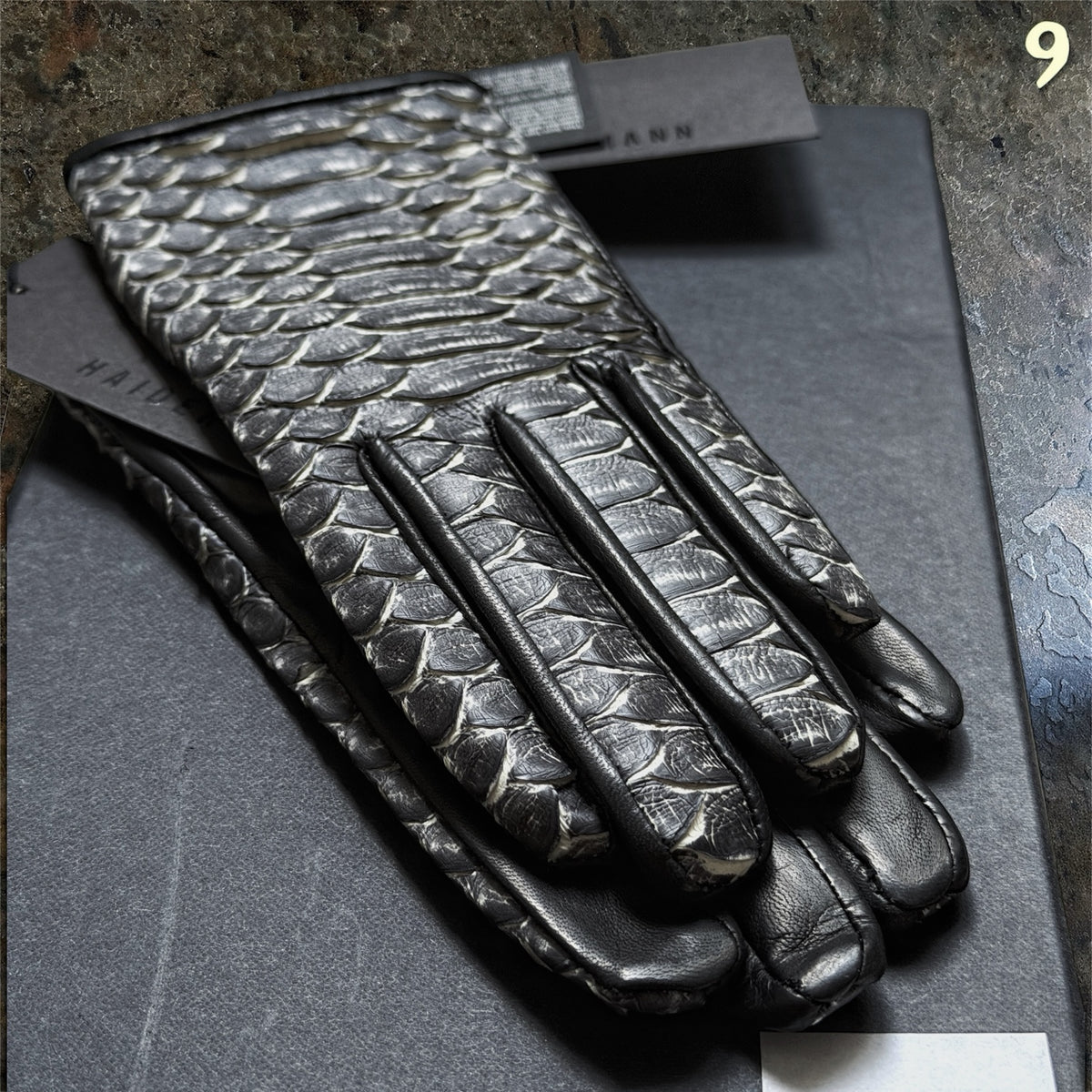 Haider Ackermann Python leather gloves black white ash black top view detail