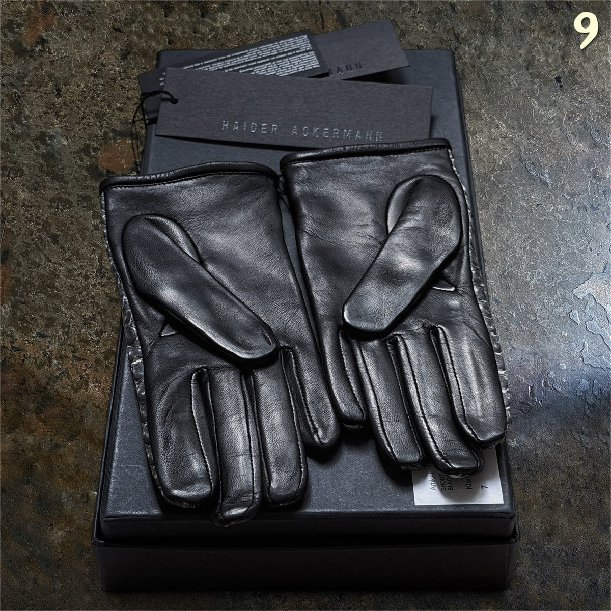 Haider Ackermann Python leather gloves size 7 palm side with original Haider Ackermann tags