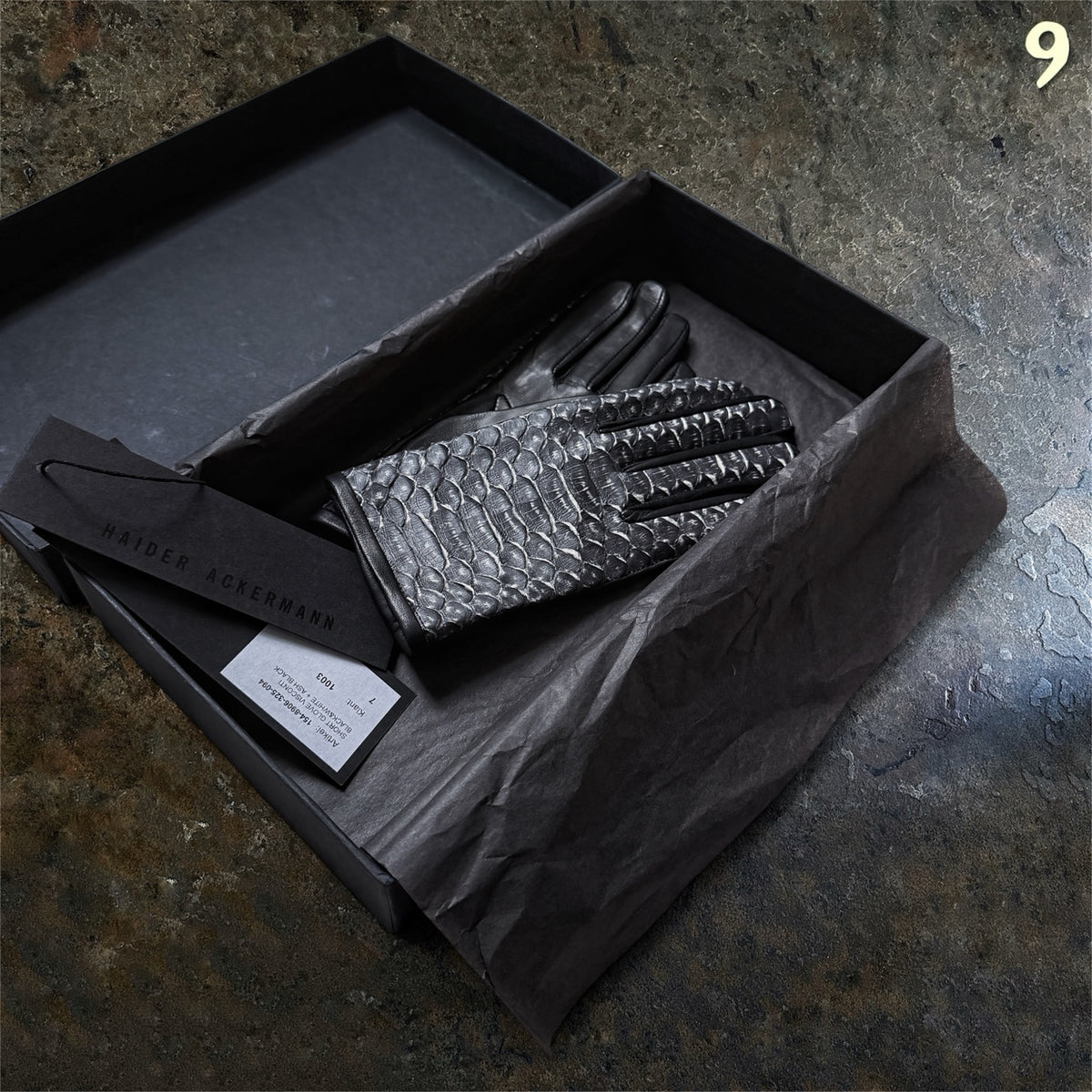 Haider Ackermann Python leather gloves size 7 in original box with tissue and tags