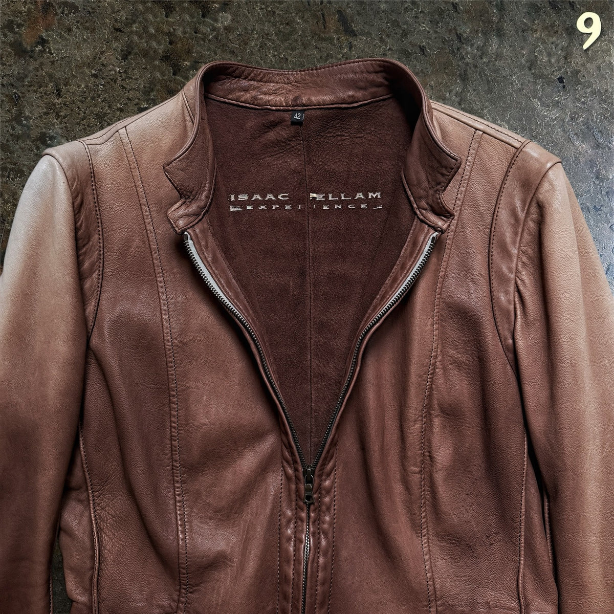 Isaac Sellam Experience brown leather jacket size 42 interior branding and collar