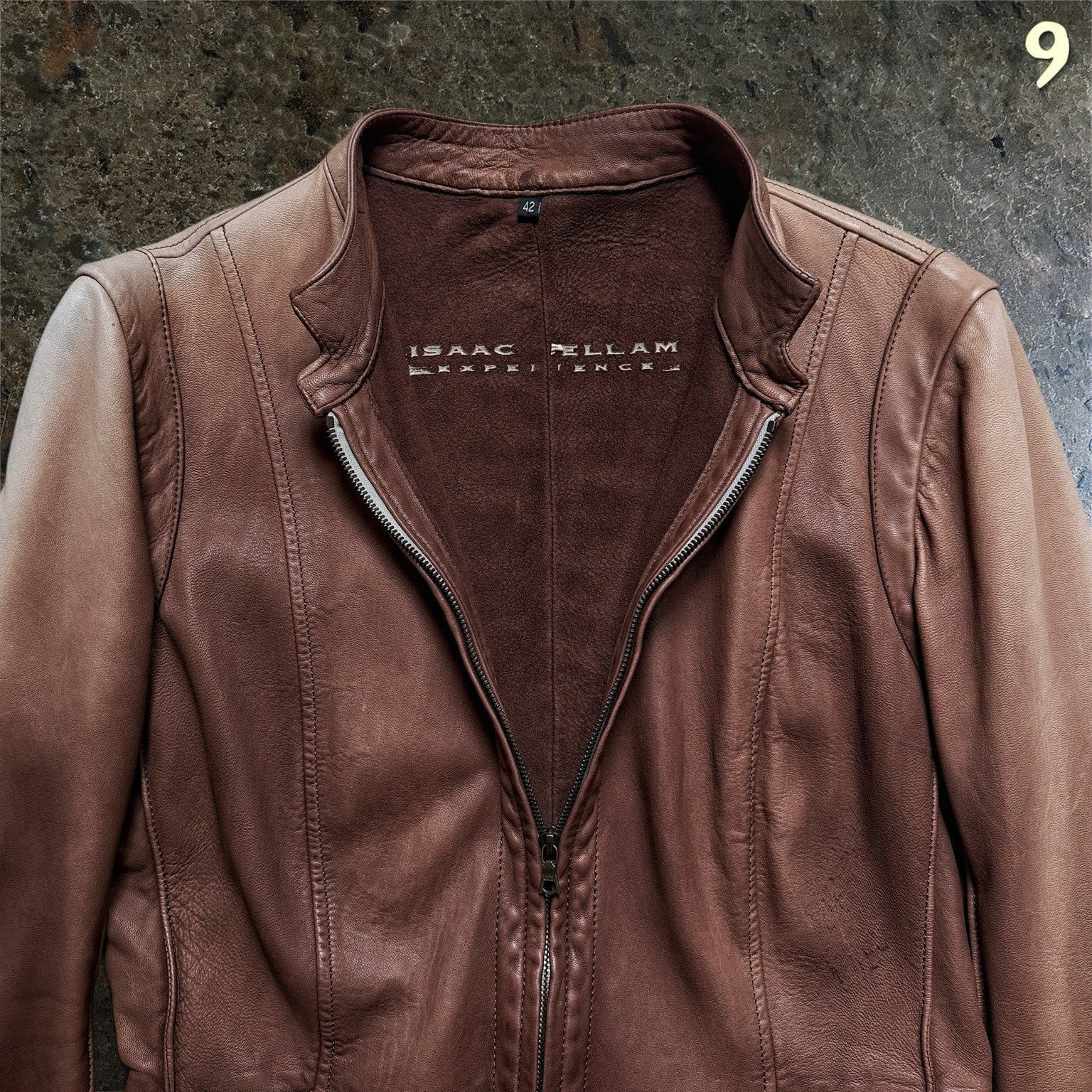 Isaac Sellam Experience brown leather jacket size 42 interior branding and collar