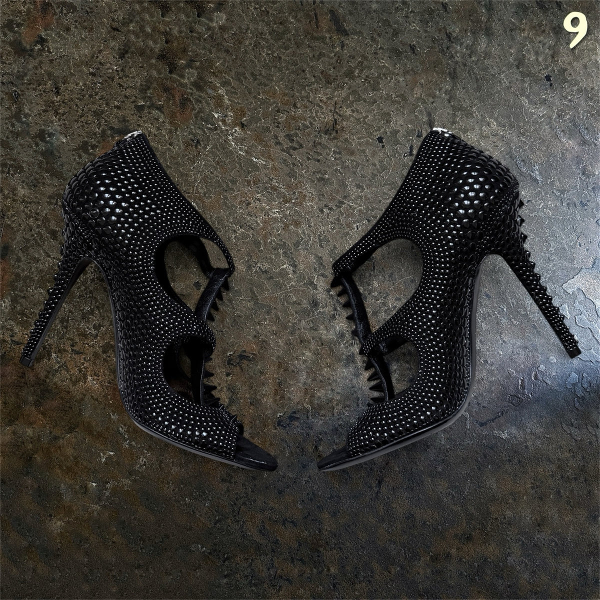 Tom Ford black studded high heels side profile pair
