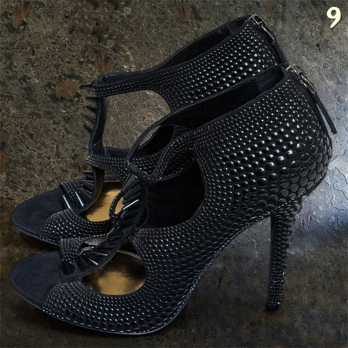Tom Ford black studded and spiked high heels side angle