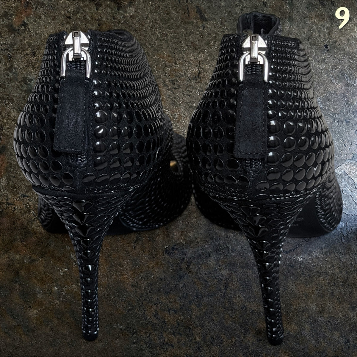 Tom Ford black high heels rear zipper and studded heel view