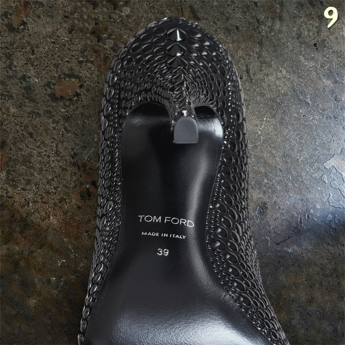 Tom Ford studded stiletto heel underside and spike detail