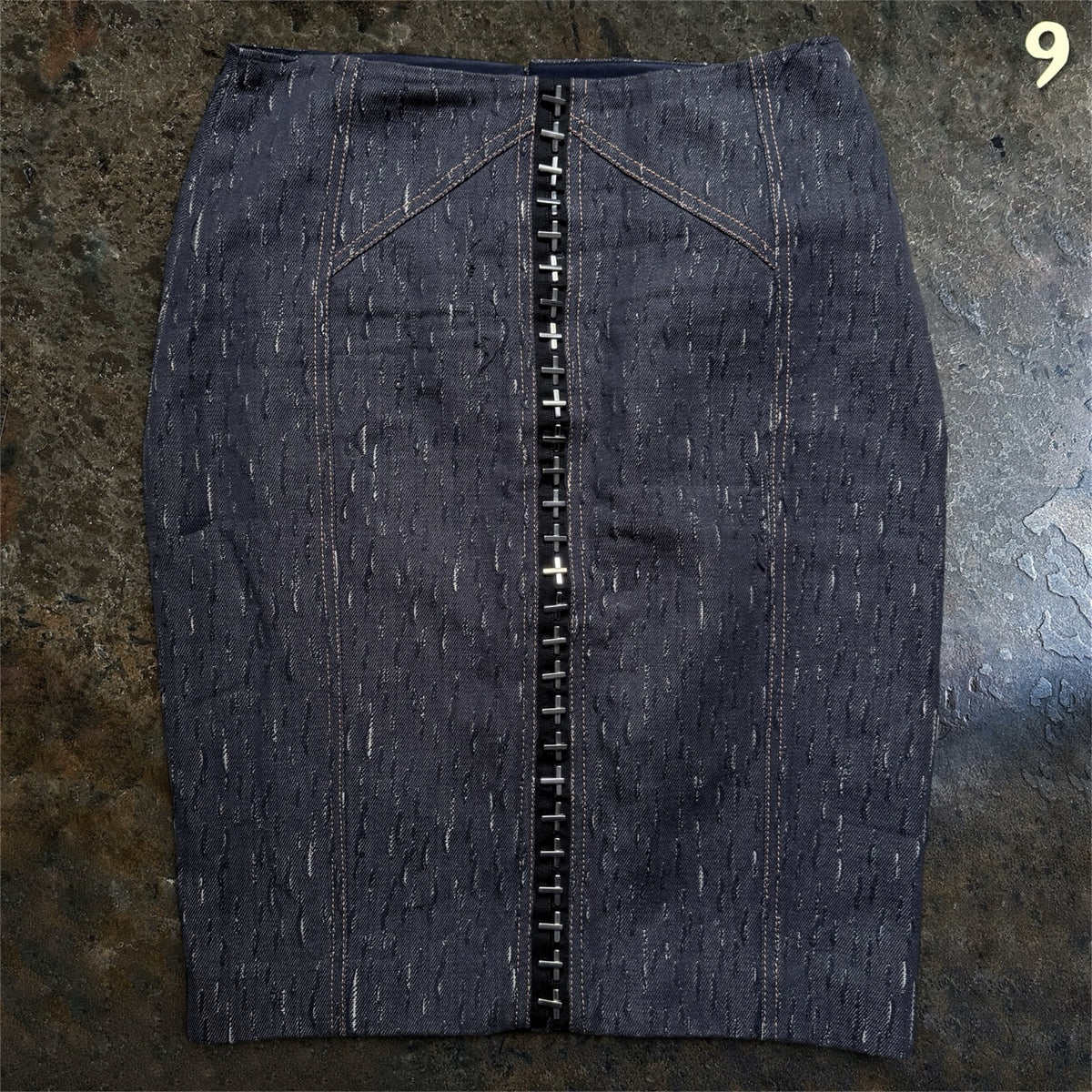 Versace FW14 Mainline skirt front view, navy distressed linen cotton, IT 38