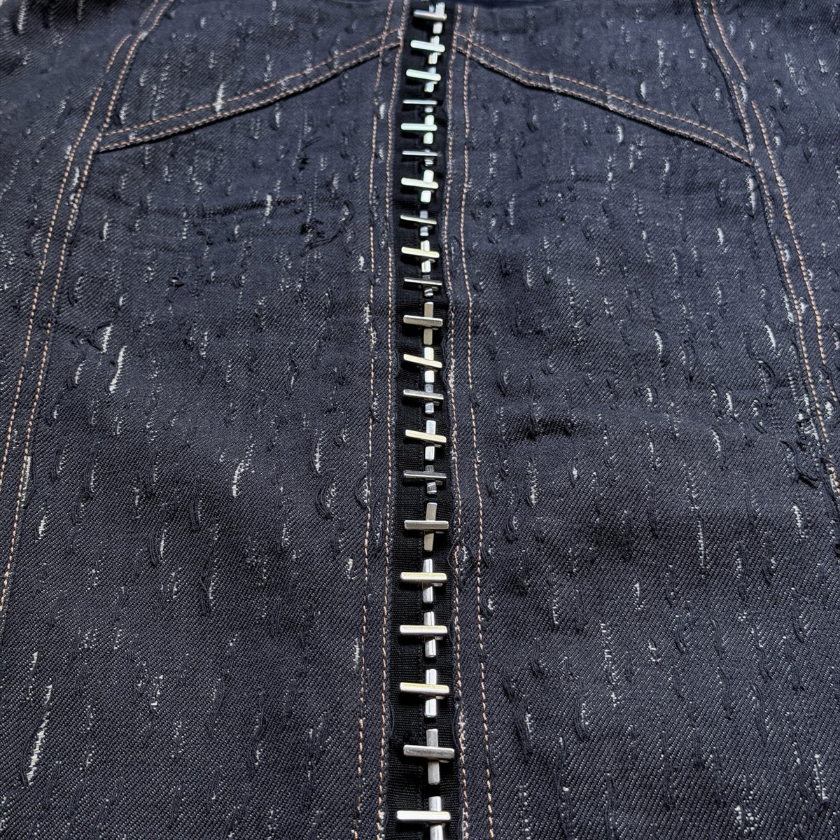 Versace FW14 Mainline skirt front metal hardware and distressed fabric detail